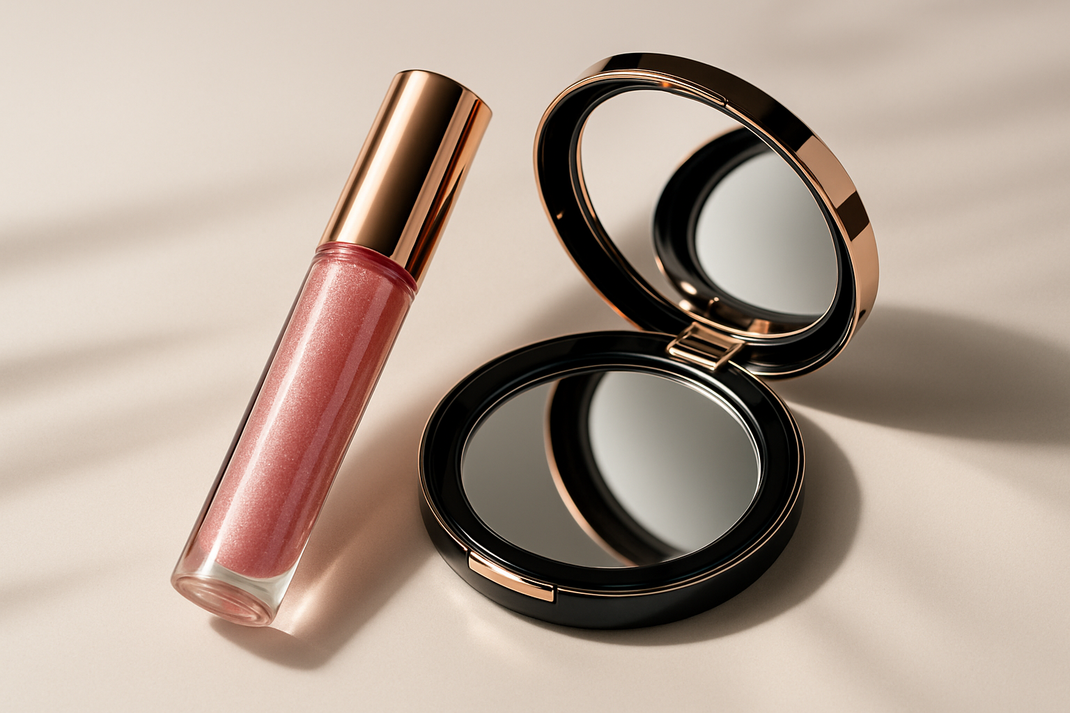Lip gloss next to open compact mirror